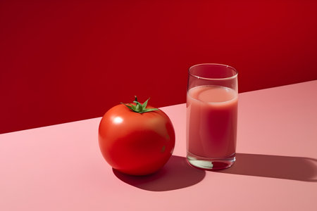 Glass of tomato juice and a tomato on a pink and red backgroundの素材