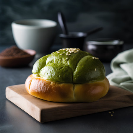 Green tea bun with sesame seeds on a wooden board on a dark backgroundの素材