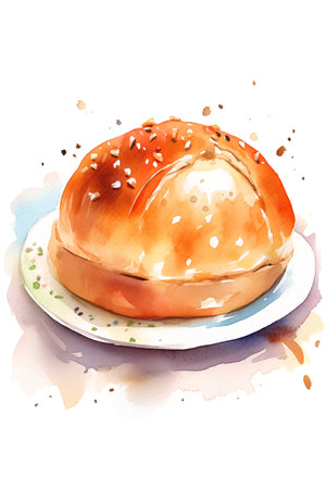 Bun with sesame seeds. Watercolor illustration on white backgroundの素材