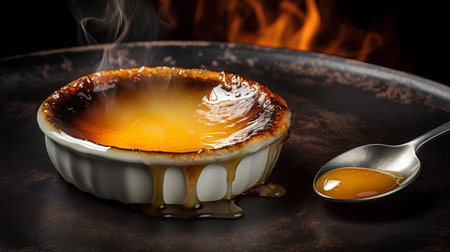 Creme brulee with caramel sauce and spoon on dark background.の素材