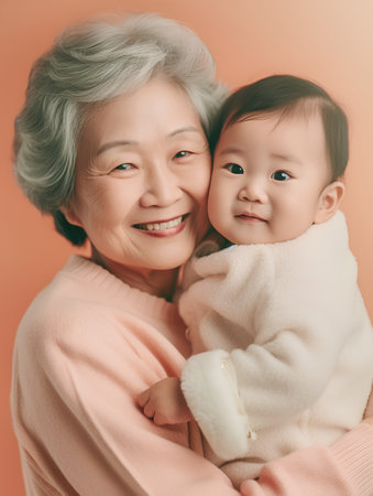 Happy asian senior woman with her little grandson on pink background.の素材