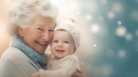 happy grandmother and granddaughter in winter clothes over bokeh lights backgroundの素材