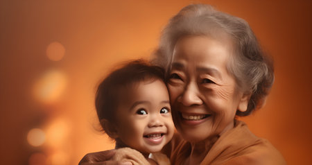 Portrait of happy asian senior woman with grandchild over orange backgroundの素材