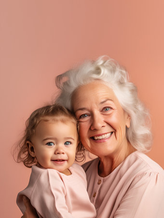 Portrait of a smiling grandmother with her granddaughter on a pink backgroundの素材