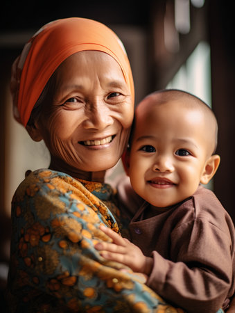 Portrait of an elderly Asian woman with her little grandson at homeの素材