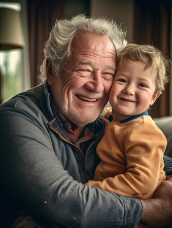 Grandfather and grandson at home. Happy grandpa and grandson.の素材