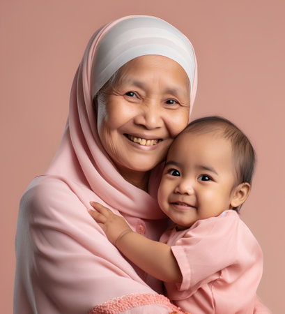 Happy asian muslim mother with her little daughter isolated on pink backgroundの素材