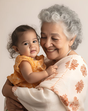 Happy asian grandmother with her granddaughter. Portrait of a senior woman with her grandchild.の素材