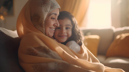 Happy mother and daughter sitting on sofa at home. Smiling middle-aged woman and little girl wrapped in yellow blanket.の素材