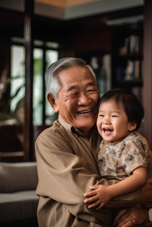Portrait of asian grandfather with his grandchild at home.の素材