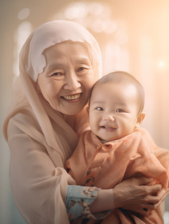 Portrait of happy asian muslim mother with her baby at homeの素材