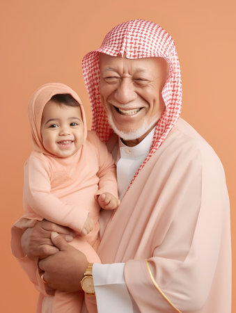 Cheerful Muslim family with grandchild isolated over orange background.の素材