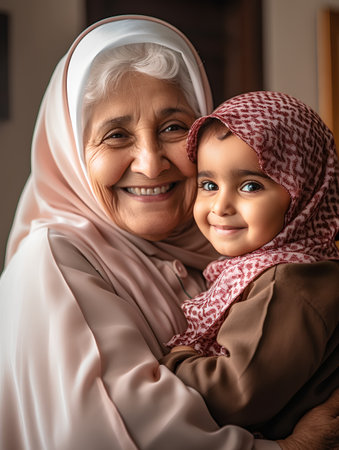Portrait of a smiling muslim woman with her grandchild at homeの素材