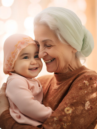 happy grandmother and granddaughter hugging and smiling at camera over bokeh backgroundの素材