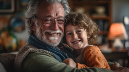 Portrait of a happy senior man with his grandson at home.の素材