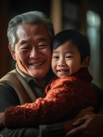 Portrait of a happy asian grandfather with his granddaughter at homeの素材