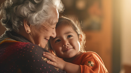 Portrait of a cute little girl with her grandmother in the roomの素材
