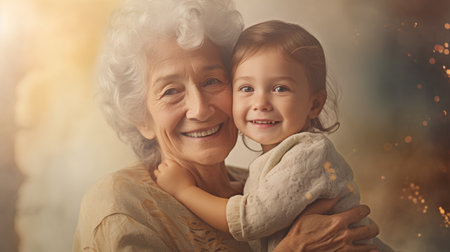 Portrait of a happy grandmother with her granddaughter at home. Happy family concept.の素材