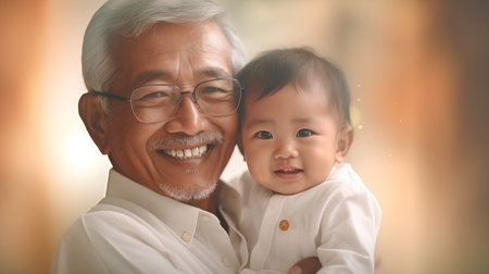 Portrait of asian senior man and his grandchild at homeの素材