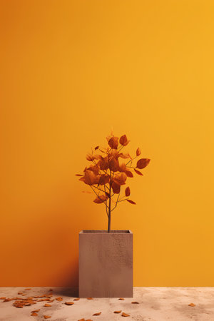 3d render of a tree on the sand against the orange wallの素材