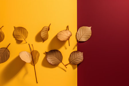 Creative layout made of autumn leaves on red and yellow background. Flat lay, top view minimal autumn concept.の素材