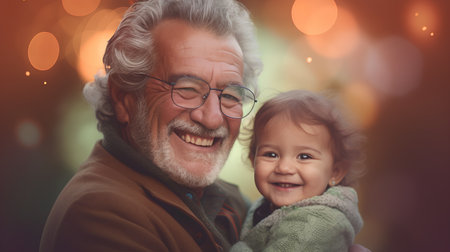 Portrait of a happy grandfather with his grandchild at home.の素材