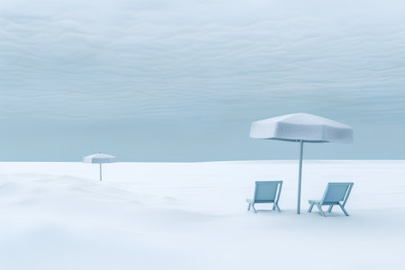 Beach chair and umbrella in the snow. 3D render.の素材