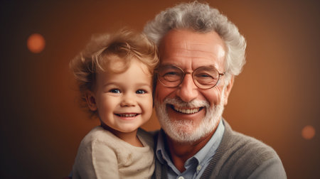 Portrait of a smiling grandfather with his grandson on a brown backgroundの素材
