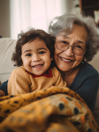 Portrait of a smiling senior woman with her grandson at home.の素材