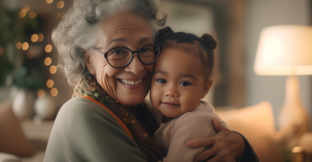 Close up portrait of a smiling senior woman with her granddaughter at homeの素材