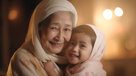 Portrait of an asian muslim woman with her granddaughter at homeの素材
