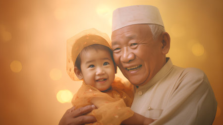 Happy asian grandfather and grandchild wearing traditional clothes during Eid Mubarakの素材
