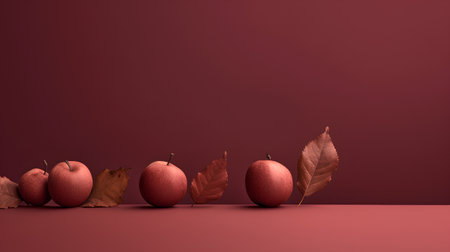Autumn composition with red apples on red background. 3d renderの素材