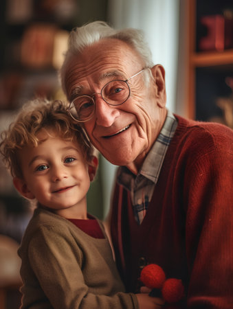 Portrait of a smiling grandfather with his grandson in home interior.の素材