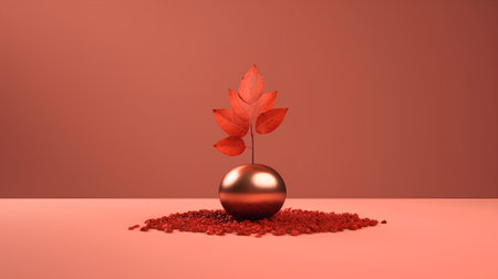 3d render of golden easter egg with red leaves on red backgroundの素材