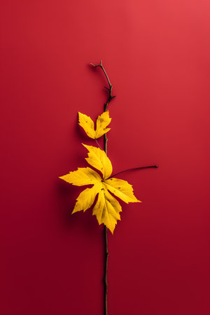 Creative layout made of autumn leaves on red background. Flat lay, top view. Autumn concept.の素材