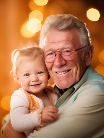Portrait of a happy grandfather with his granddaughter on christmas backgroundの素材