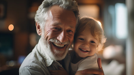 Portrait of a smiling grandfather with his little granddaughter at home.の素材