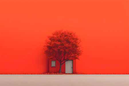 3D render of a red wall with a tree and a doorの素材