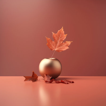 3d render of golden apple with autumn leaves on a red backgroundの素材