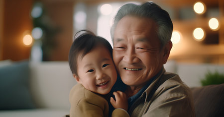 Portrait of asian senior man and his little daughter at homeの素材