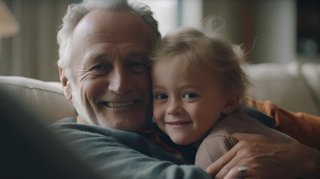 Portrait of a happy grandfather with his granddaughter at home in the living roomの素材