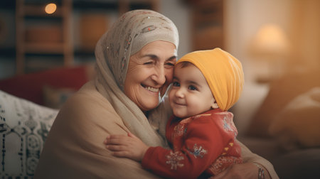 Portrait of a happy muslim woman and her little granddaughter at homeの素材