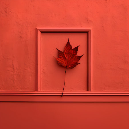 Autumn leaf on red wall. Minimal concept. 3D Renderingの素材