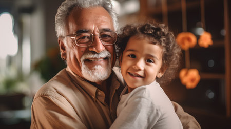 Portrait of a smiling senior man and his grandchild at homeの素材