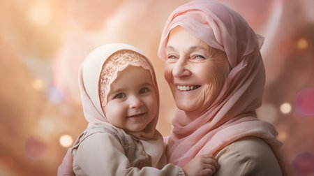 Portrait of happy muslim woman with her daughter on blurred backgroundの素材