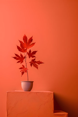 Autumn maple in vase on orange background. Minimal concept.の素材