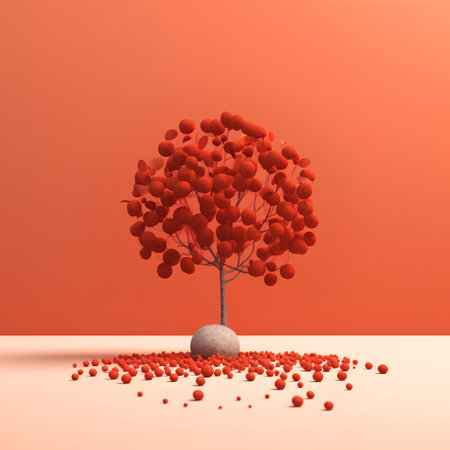 Tree made of red hearts on orange background. 3D illustration.の素材