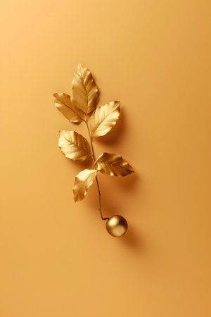 Golden leaves and golden egg on a yellow background. Minimal style.の素材