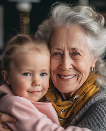 portrait of smiling senior woman and granddaughter looking at camera at homeの素材